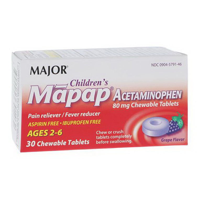 Major Mapap Childrens Acetaminophe 80mg Chewable Tablets Grape Flavor Pain Reliever and Fever Reducer 30Ea