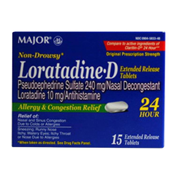 Major Loratadine D Pseudoephedrine Sulfate 240mg Nasal Decongestant Tablets Relief of Allergies and Sinus Congestion 15Ea