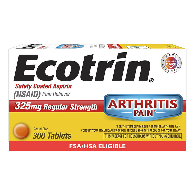 Ecotrin Adult Regular Strength Aspirin 325 mg Safety Coated Enteric Tablets for Pain Relief 300Ea