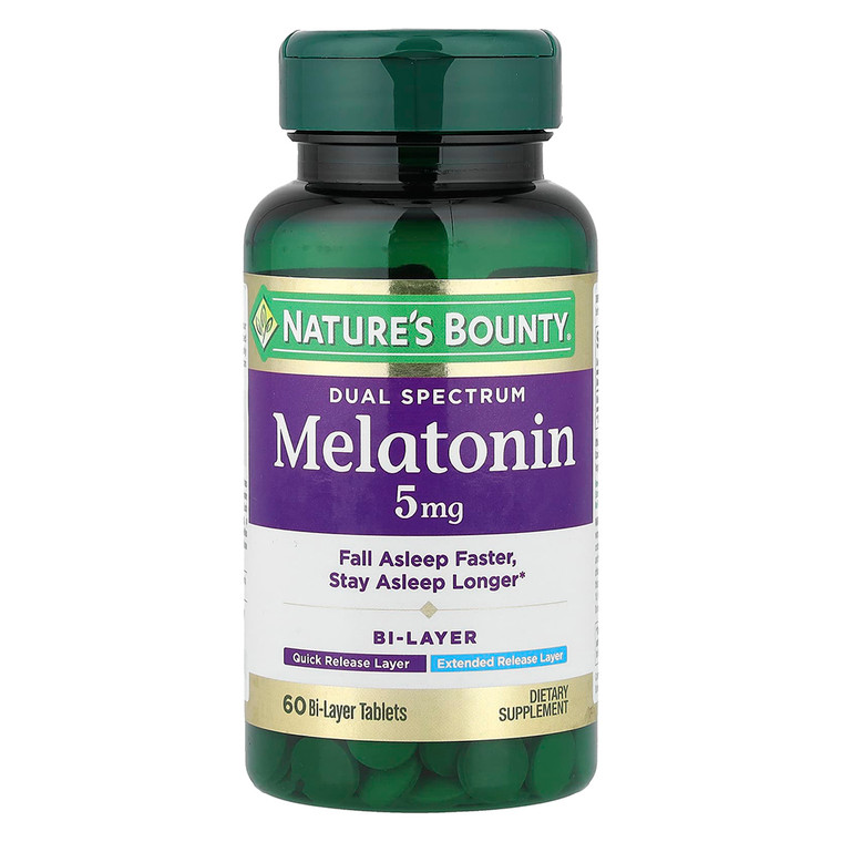 Natures Bounty Dual Spectrum Melatonin 5mg Bi Layer Tablets for Faster and Longer Sleep 60Ea