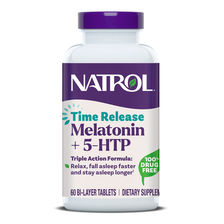 Natrol Melatonin 5 HTP Time Release Triple Action Formula Bi Layer Tablets for Calm Mind and Faster Sleep 60Ea