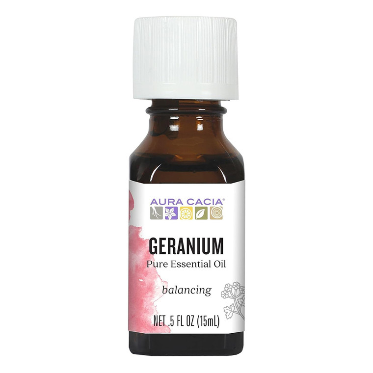 Aura Cacia Geranium Essential Oil Pelargonium Graveolens Pure Floral and Balancing Aromatherapy Formula 0.5Oz (15ml)