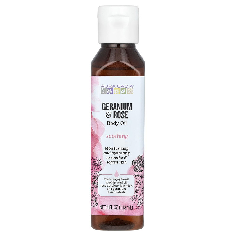 Aura Cacia Comforting Geranium Body Oil Aromatherapy Moisturizing and Soothing Formula 4Oz (118ml)