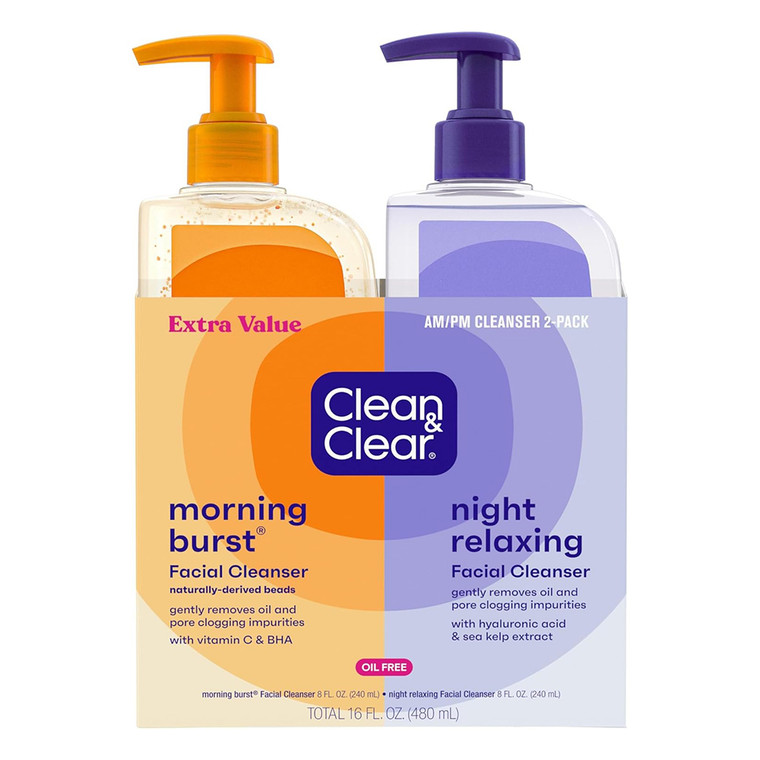 Clean and Clear Morning Burst Day and Night Cleanser Pack Energizing and Relaxing Formula 16Oz (480ml)