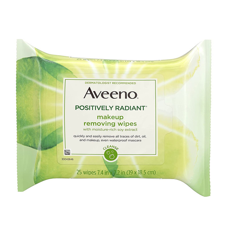Aveeno Positively Radiant Makeup Removing Wipes for Gently Cleansing and Removing Dirt Oil and Makeup 25Ea
