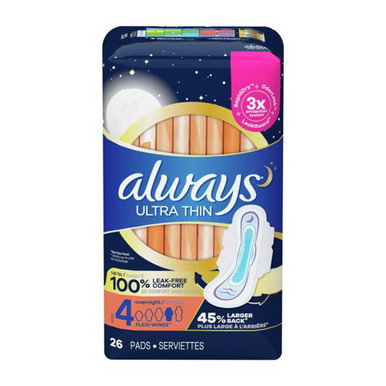 Always Ultra Thin Pads Overnight Absorbency Unscented with Wings, Size 4,  26 Ea