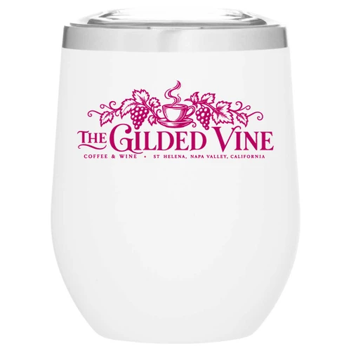 12 oz Cece insulated wine and coffee tumbler in matte white featuring a custom printed business logo.
