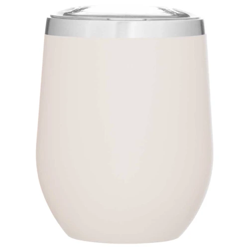 Blank 12 oz Cece stainless steel wine and coffee tumbler in matte stone with a clear push-on lid and silver rim.
