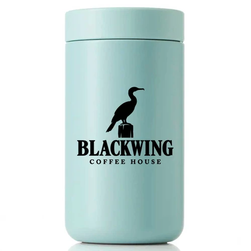 Matte mint Simple insulated coffee tumbler with custom black bird artwork and coffee house lettering.
