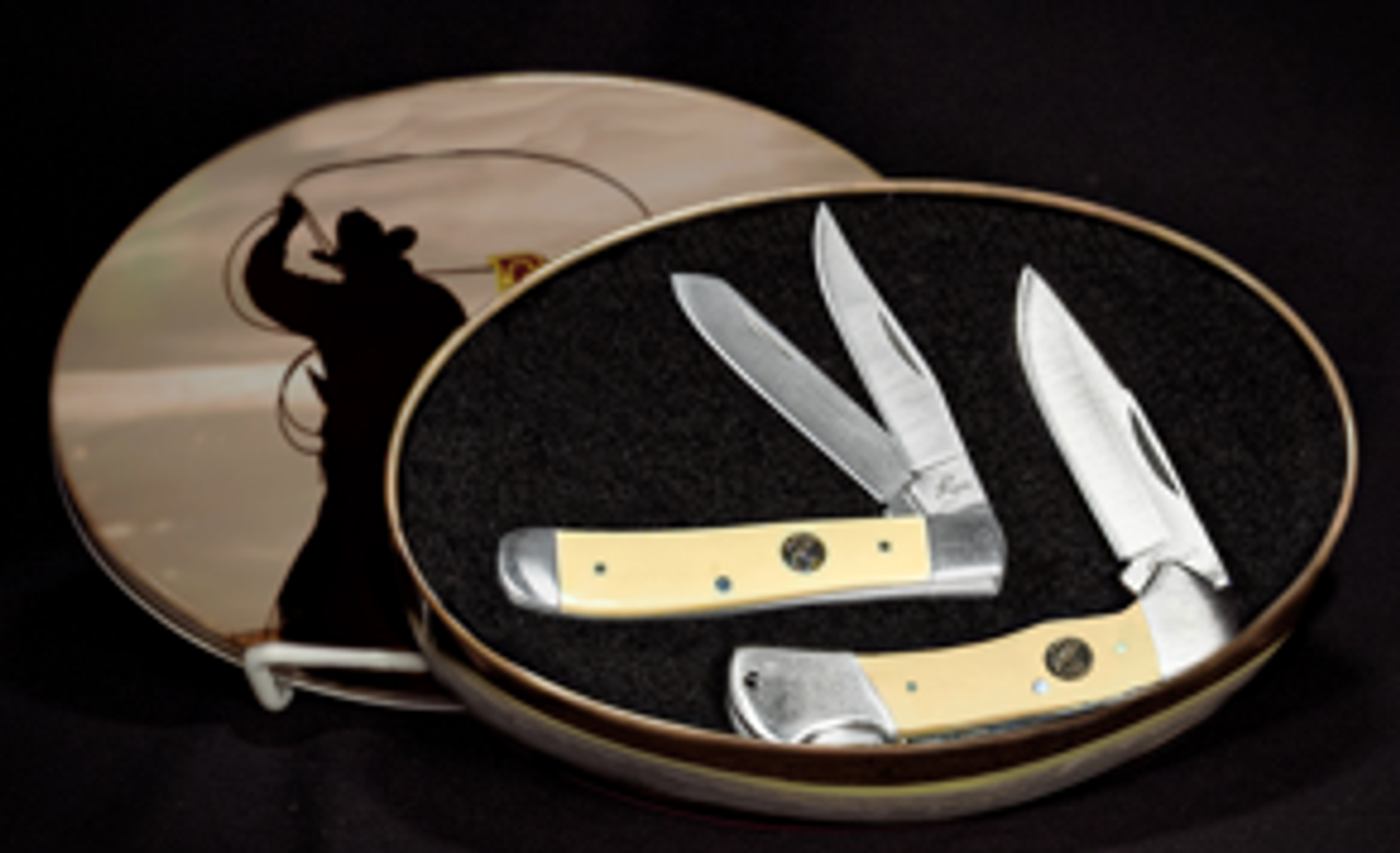 ABKT KNIVES TIN, 3.5" CREAM YELL. DELRIN W/ TRAPPER & LOCKBACK