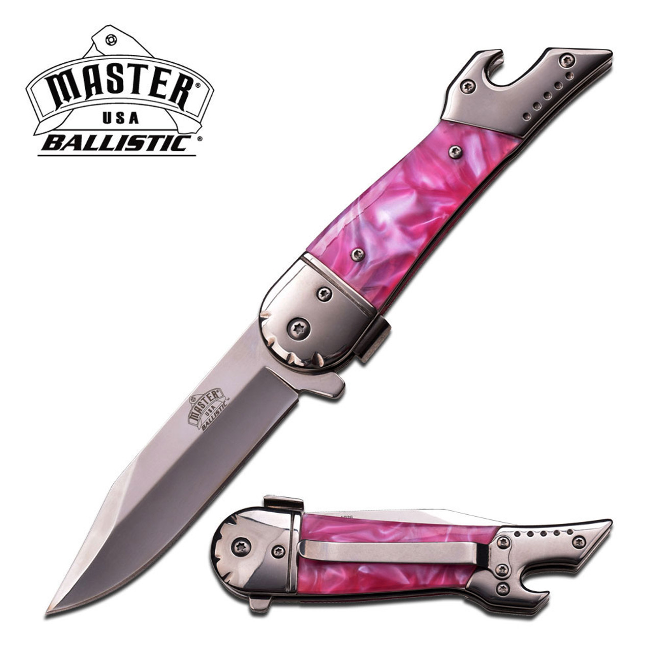 MASTER 4.6" ASSIST SS LEG KNIFE, PINK ACRYLIC