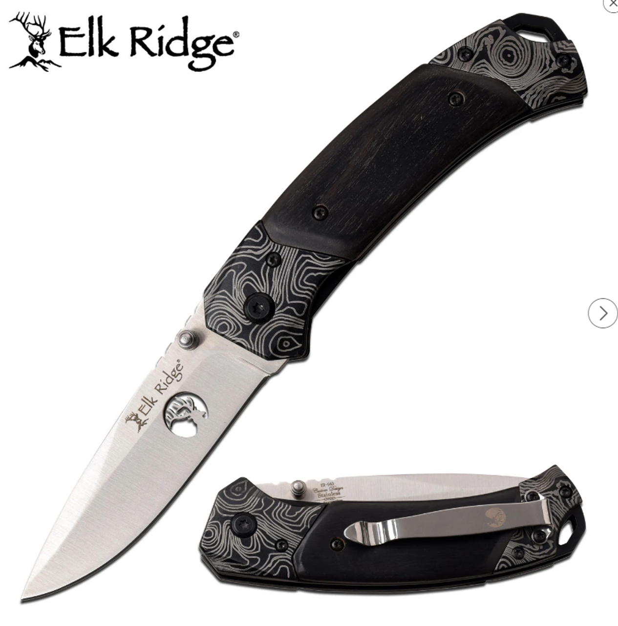 ELK RIDGE 7.75" FOLDER W/ BLK PAKKAWOOD/ETCH