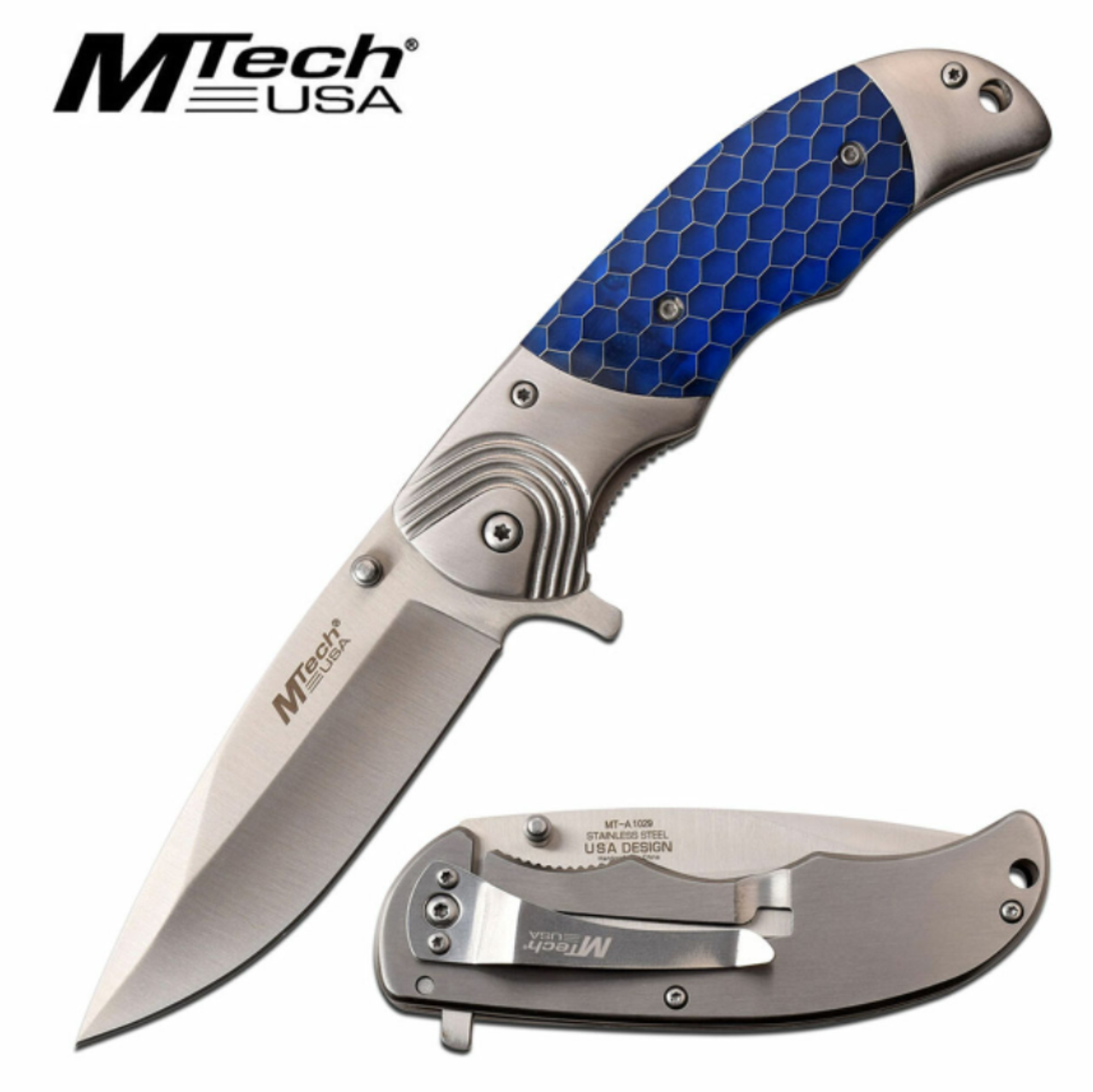 MTECH 4.5" ASSISTED STAINLESS STEEL HNDL W/ BLUE SCALES