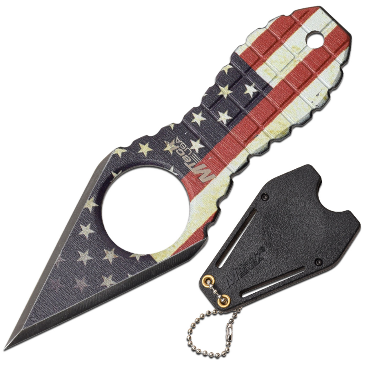 MTECH NECK KNIFE, 4.25" OVERALL, US FLAG, GRENADE HNDL