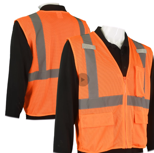 CLASS 2 ORANGE MESH VEST, SELF EXTINGUISHING, 5 POCKETS-XL