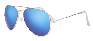 SunKissed Aviator Sunglasses, Gold frame with Blue Chrome lenses. Fashion Sunglasses for high School students.