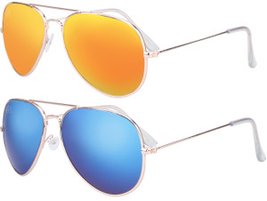 SunKissed Aviator 3025 sunglass, Gold frame with Blue Chrome lenses and Gold Chrome lenses Bulk Pack of 2 glasses