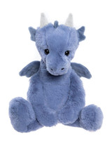 A blue plush dragon teddy bear sits upright against a white background, featuring small white horns, tiny wings, shiny black eyes, and fluffy rounded feet.