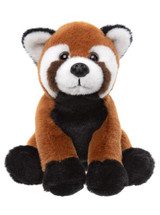 A red panda stuffed animal sits upright against a white background, featuring rust-brown and black fur, white-trimmed ears, and glossy brown eyes.