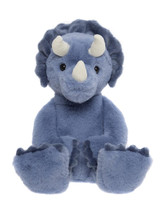 A blue plush triceratops teddy bear sits upright against a white background, featuring cream-colored horns, a frilled neck, and soft textured feet.