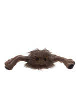 A brown fluffy spider-shaped teddy bear sits flat against a white background, featuring long outstretched legs, shaggy fur, small dark eyes, and a subtle smile.