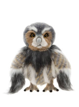 A realistic plush owl teddy bear stands upright, featuring grey, brown, and white fur with amber eyes and detailed talon feet, set against a white background.