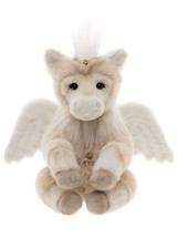 A cream/beige plush Pegasus bear sits upright against a white background, featuring white feathered wings, a feathered mane, a decorative tiara, and a delicate key necklace.