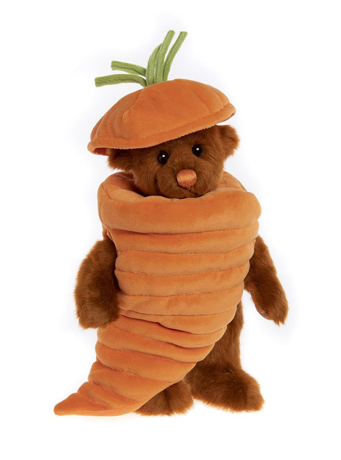 A brown teddy bear wearing an orange carrot costume, complete with green leafy top, wrapping around its body like a cocoon, against a white background.