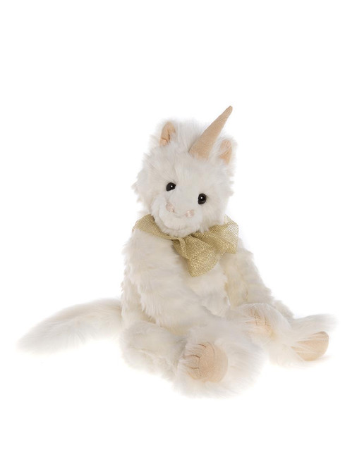 A white fluffy unicorn Charlie Bear sits upright against a white background, featuring a gold horn, small ears, black bead eyes, and a gold mesh bow at its neck.