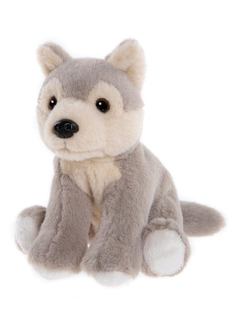 A grey and cream wolf cub plush toy sits upright against a white background, featuring brown glassy eyes, a black nose, and white paw accents.