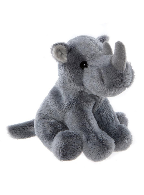 A grey plush rhinoceros teddy bear sits upright against a white background, featuring two horns, small rounded ears, black button eyes, and fluffy rounded feet.