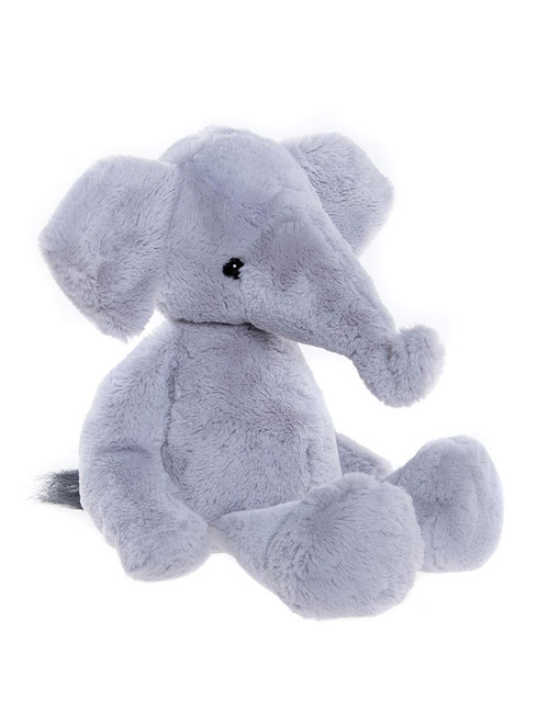 A grey plush elephant stuffed toy sits upright against a white background, featuring large floppy ears, a curved trunk, and shiny black button eyes.