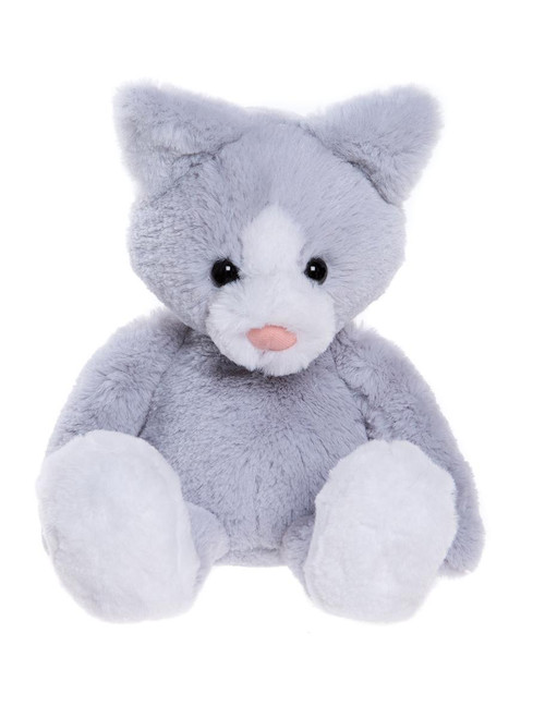 A grey and white plush cat teddy bear sits upright against a white background, featuring black button eyes, a pink embroidered nose, and white paw accents.
