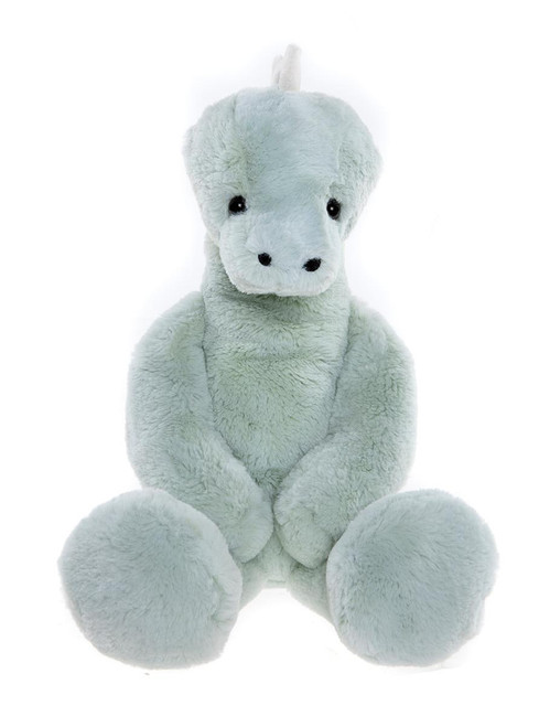 A mint green plush dinosaur teddy bear sits upright against a white background, featuring white spikes along its back and glossy black button eyes.