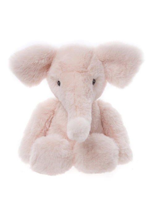 A soft pink plush elephant teddy bear sits upright against a white background, featuring large rounded ears, small dark eyes, and a short trunk with a lighter tip.