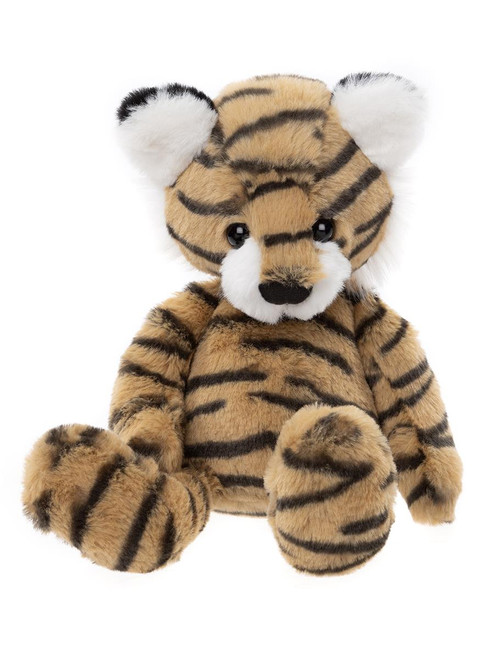 A tiger-striped plush teddy bear sits upright against a white background, featuring black and tan stripes, white inner ears, white muzzle, and shiny black eyes.