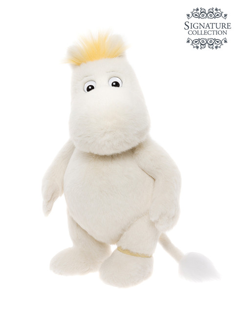A white Moomin character plush toy with yellow hair tuft and a tail stands upright against a plain white background.