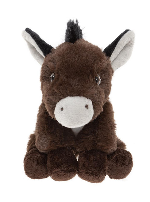A dark brown donkey plush toy sits upright against a white background, featuring a black mane, white muzzle, large ears, and a small black tail.