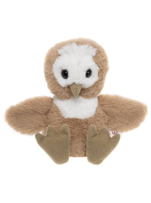 A brown and white owl teddy bear sits upright with wings spread, featuring olive green feet and a small beak, against a white background. Tag reads "Bear Me Charlie Bears."