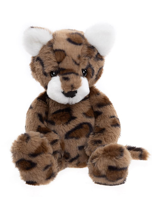 A leopard-print Charlie Bears plush toy sits upright against a white background, featuring black spots, white-tipped ears, a white muzzle, and a striped tail.