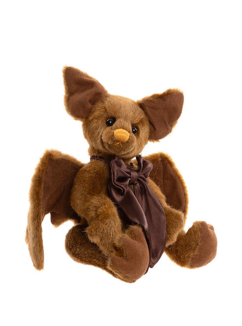 A brown plush bat-shaped Charlie Bear sits upright, featuring large ears, wings, glossy eyes, and a dark brown satin bow tie, photographed against a white background.