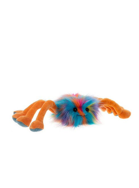A colorful spider plush toy with a fluffy rainbow-colored body, orange jointed legs with grey paw pads, and small black eyes, resting against a white background.
