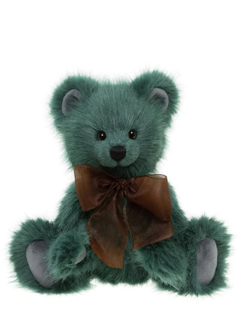 A teal/dark green fluffy teddy bear sits upright against a white background, wearing a sheer brown ribbon bow tied around its neck.
