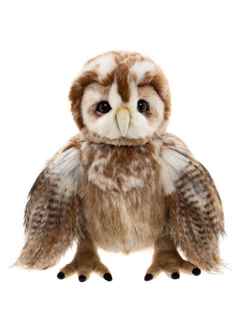 A barn owl stuffed animal stands facing forward against a white background, featuring realistic brown and white plush fur, spread wings, and black-tipped claws.