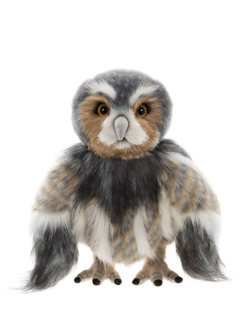 A realistic plush owl teddy bear stands upright, featuring grey, brown, and white fur with amber eyes and detailed talon feet, set against a white background.