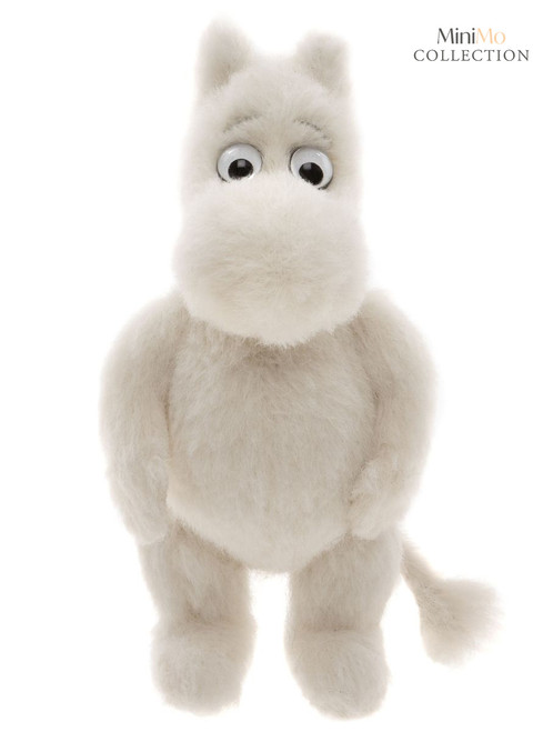 A white plush Moomin character soft toy stands upright against a plain white background, featuring large googly eyes, a rounded snout, small ears, and a tail.