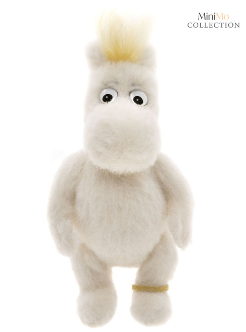A white fluffy plush toy with a hippopotamus-like face, googly eyes, blonde mohawk hair, and a gold ankle bracelet, standing upright against a white background.