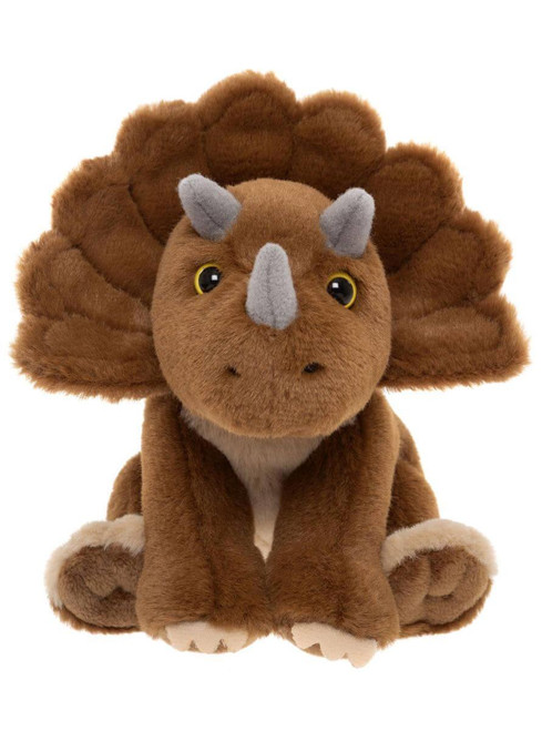 A brown plush triceratops dinosaur sits upright against a white background, featuring grey horns, yellow eyes, a scalloped frill, and cream-coloured paws.