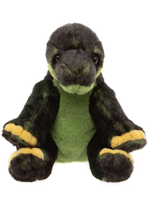 A dark green and black plush turtle teddy bear sits upright facing forward, with yellow-tipped claws and a lighter green belly and face markings, against a white background.