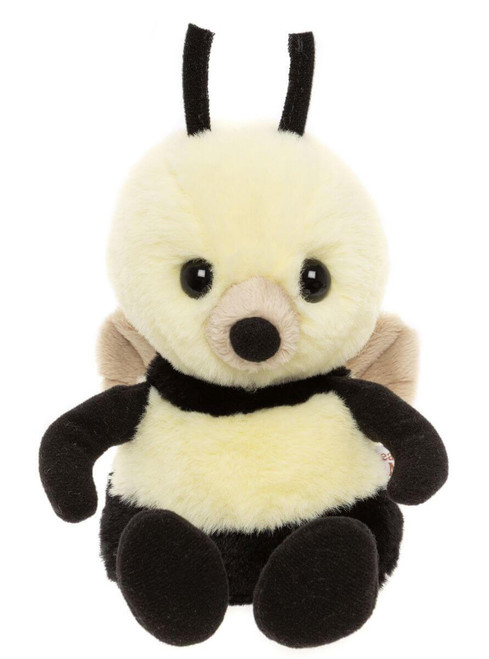 A plush bee-themed teddy bear sits upright against a white background, featuring cream and black colouring, black antennae, small wings, and glossy eyes.